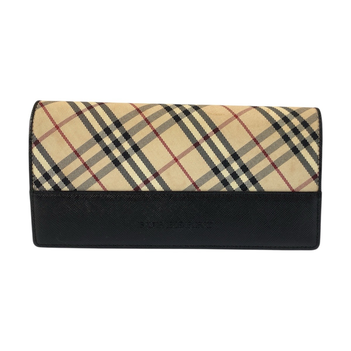 BURBERRY バーバリー チェック柄 ベージュ ブラック キャンバス レザー/ 長財布 ロングウォレット 505702 【中古】