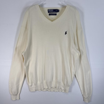古着 90's/90年代 ポロバイラルフローレン Polo by Ralph Lauren 長袖 セーター ロゴ 刺繍 Vネック M ホワイト 無地 メンズ