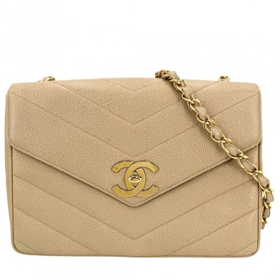 CHANEL シャネル ショルダーバッグ ココマーク ターンロック 肩掛け 斜め掛け Vステッチ シェブロン キャビアスキン ベージュ ゴールド金具 レディース【中古品】