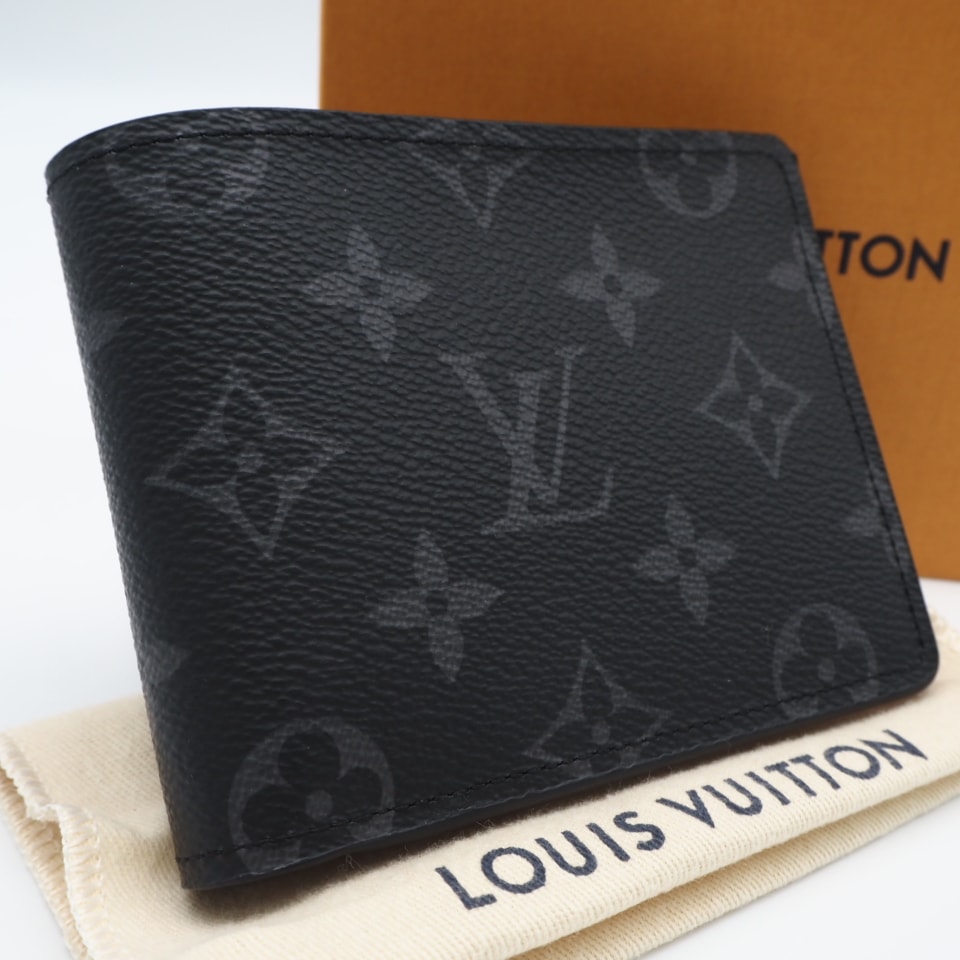 極美品 LOUIS VUITTON ルイ・ヴィトン モノグラム エクリプス ポルトフォイユ ミュルティプル M61695 二つ折り財布 ブラック グレー コーティングキャンバス メンズ