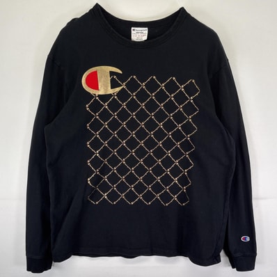 古着 チャンピオン Champion 長袖Tシャツ ロンT 金ロゴプリント ワッペン 大きいサイズ クルーネック XL ブラック メンズ