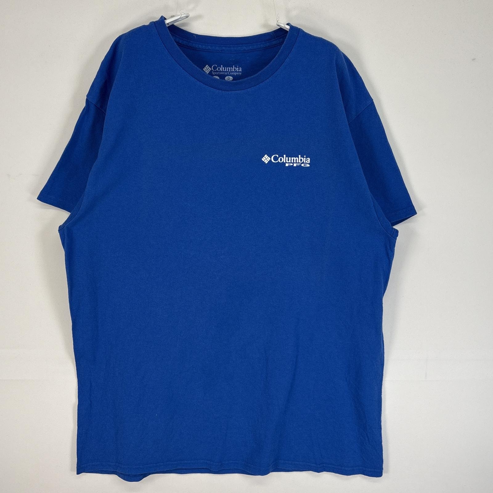 古着 コロンビア Columbia 半袖Tシャツ 両面 ラバープリント PFG フィッシング クルーネック L ブルー メンズ
