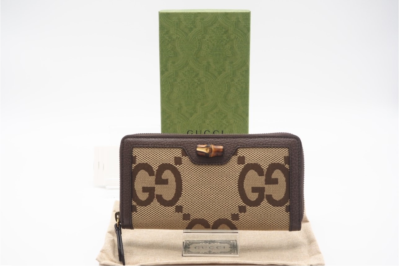極美品 GUCCI グッチ ジャンボGG バンブー ジップアラウンドウォレット 658634 長財布 ブラウン ベージュ キャンバス レザー レディース