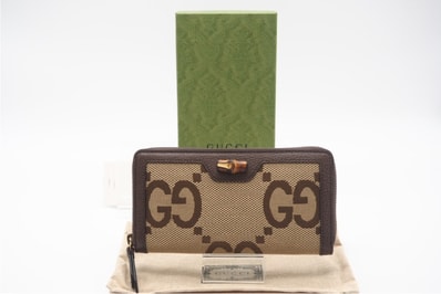 極美品 GUCCI グッチ ジャンボGG バンブー ジップアラウンドウォレット 658634 長財布 ブラウン ベージュ キャンバス レザー レディース