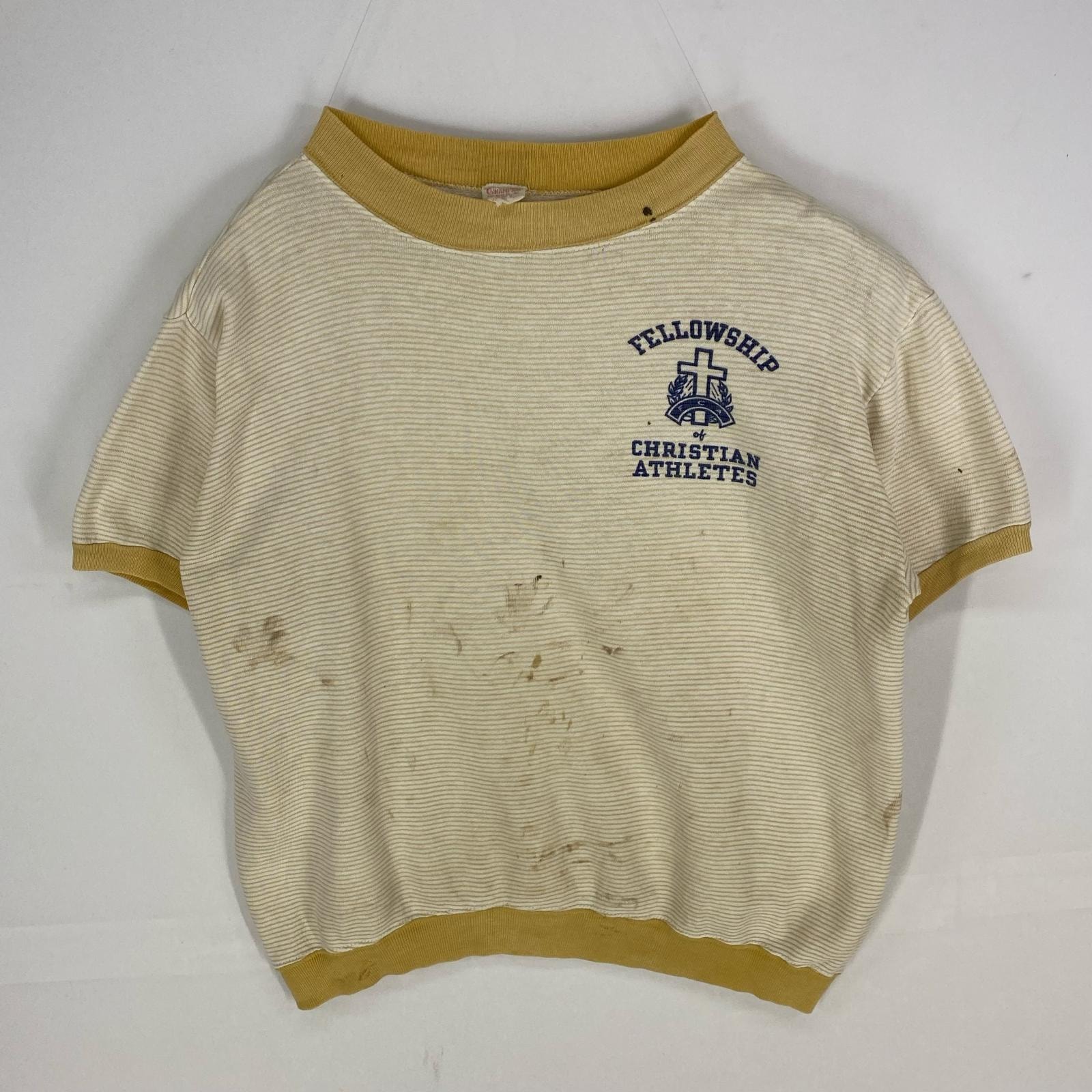 古着 60's/60年代 ヴィンテージ チャンピオン Champion 半袖Tシャツ リンガーT 染み込みプリント XL  ベージュ系 ボーダー メンズ
