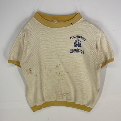 古着 60's/60年代 ヴィンテージ チャンピオン Champion 半袖Tシャツ リンガーT 染み込みプリント XL ベージュ系 ボーダー メンズ