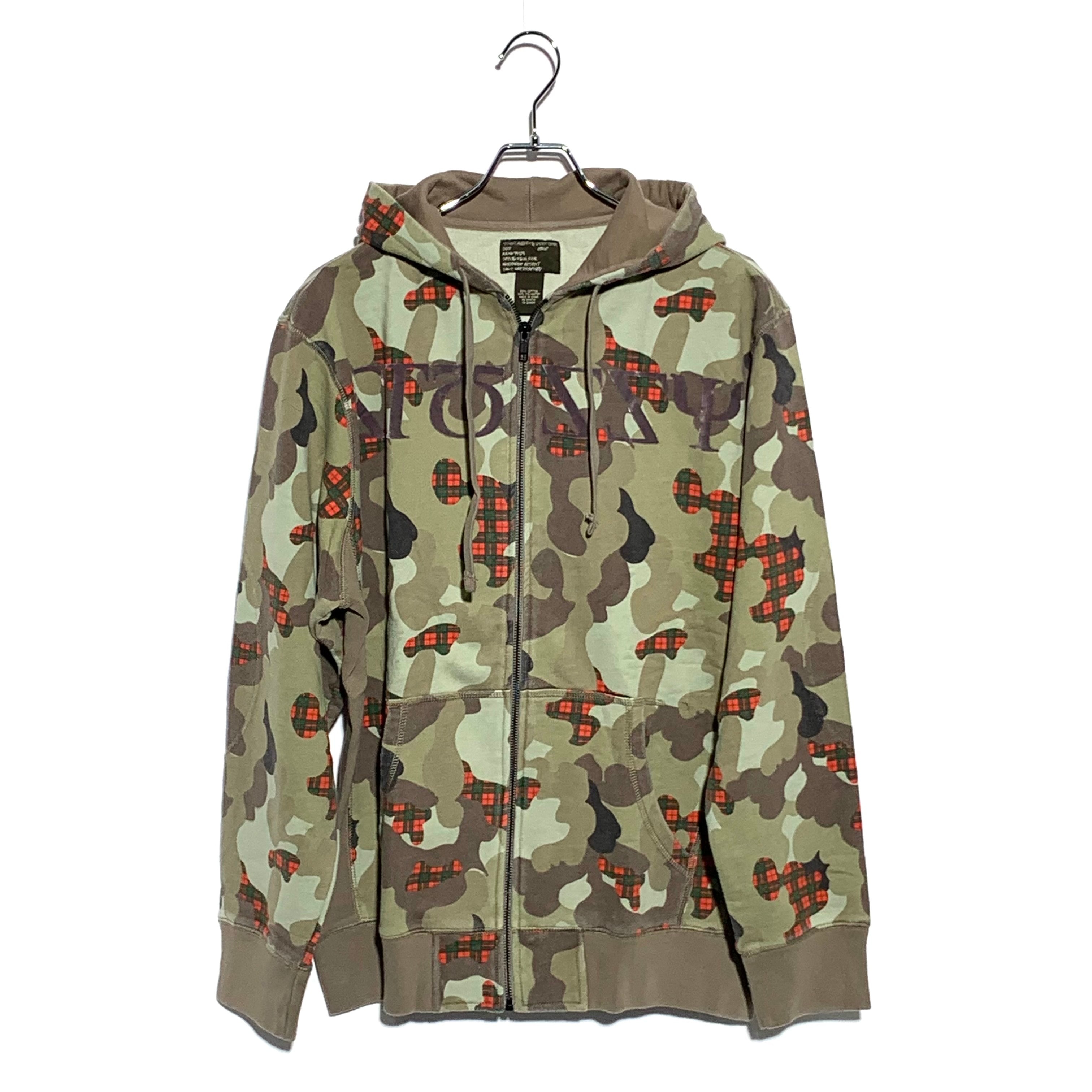 STUSSY old check camo flocky print zip up hoodie camo