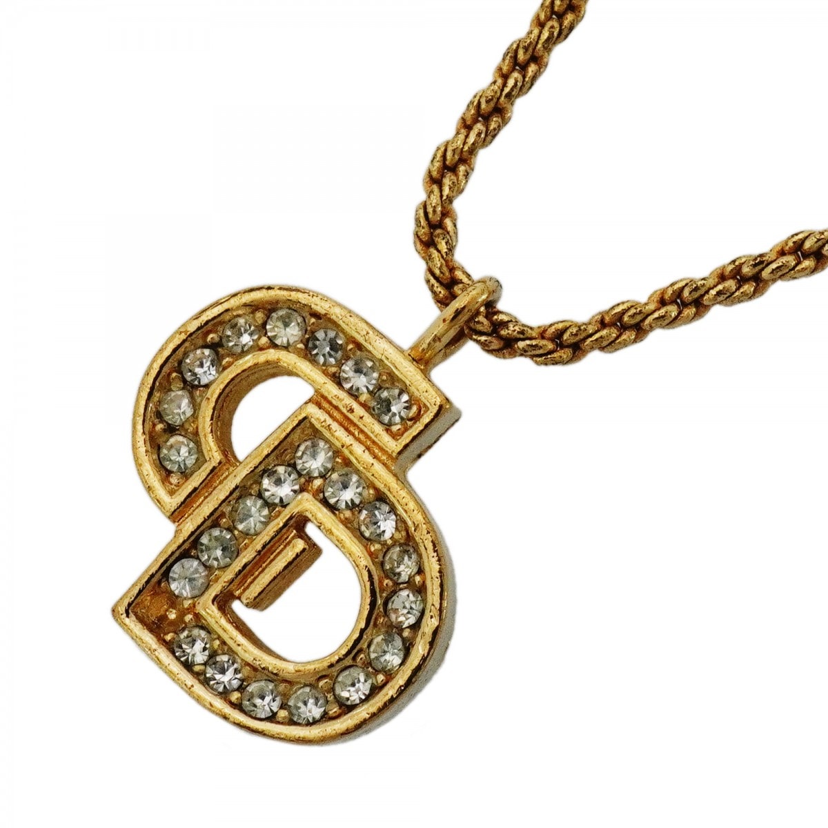 【6jdb0377】クリスチャンディオール ネックレス CDロゴ GPメッキ ラインストーン ゴールド【中古】レディース