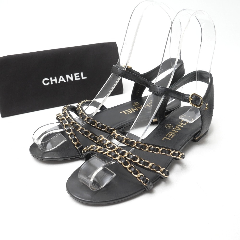 CHANEL シャネル サンダル サイズ36C CCロゴ ゴールドチェーン アンクルストラップ フラットサンダル イタリア製 ブランド古着【中古】20260918/RB0787