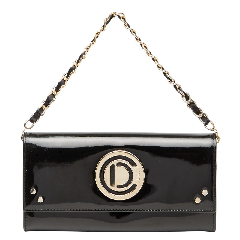 ディオール ロゴ チェーン ウォレット 長財布 ハンドバッグ ブラック ゴールド パテントレザー レディース Dior 【中古】