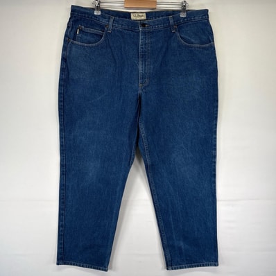 古着 エルエルビーン L.L.Bean デニム パンツ テーパード レザーパッチ 5ポケット 大きいサイズ W42L30 ブルー系 メンズ