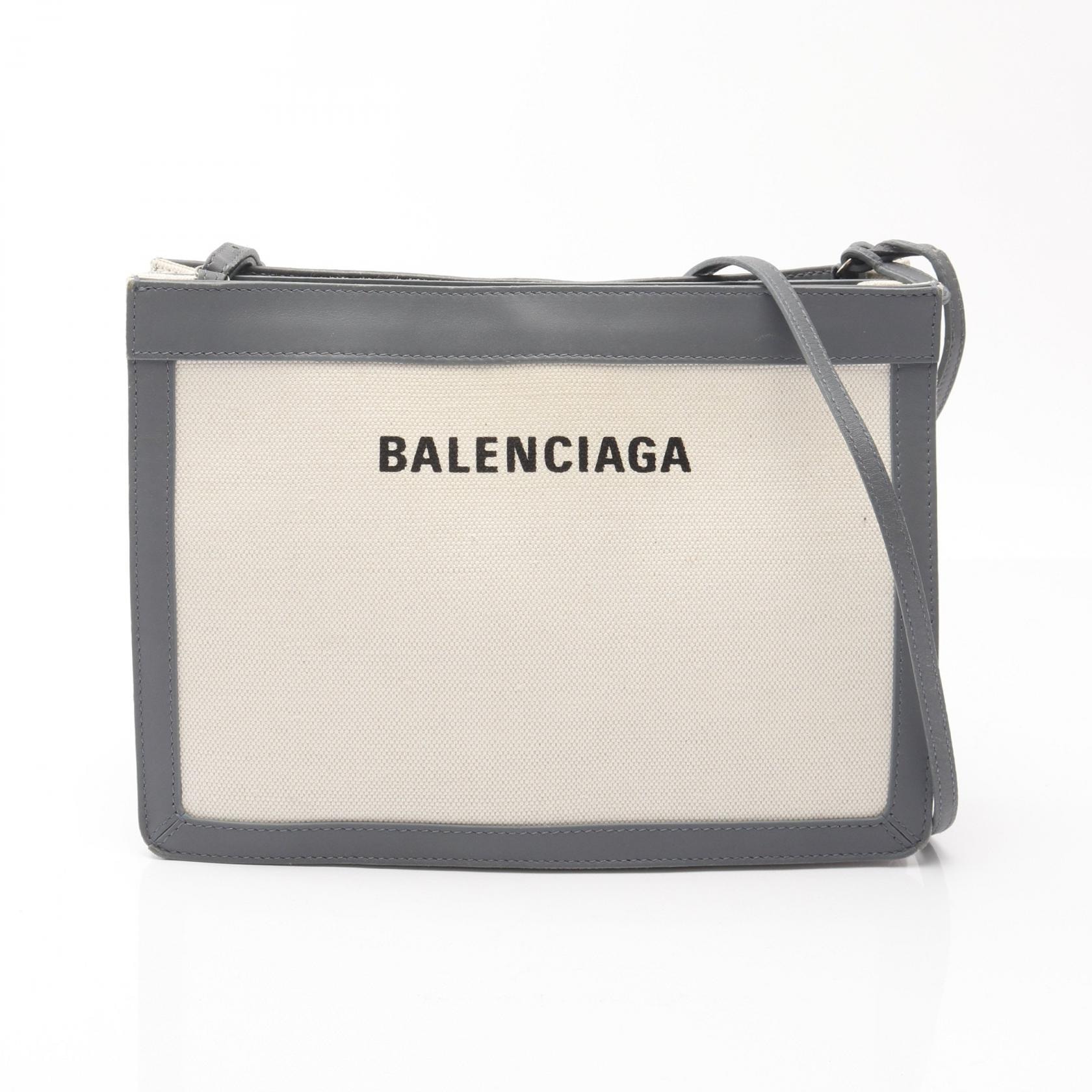 バレンシアガ BALENCIAGA ネイビー ポシェット ショルダーバッグ バッグ キャンバス レザー レディース アイボリー系 / グレー系 339937 【中古】