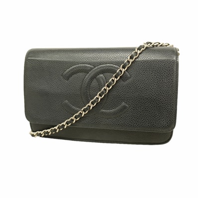 【6he5264】シャネル ショルダーウォレット チェーンショルダー キャビアスキン ブラック シルバー金具【中古】レディース