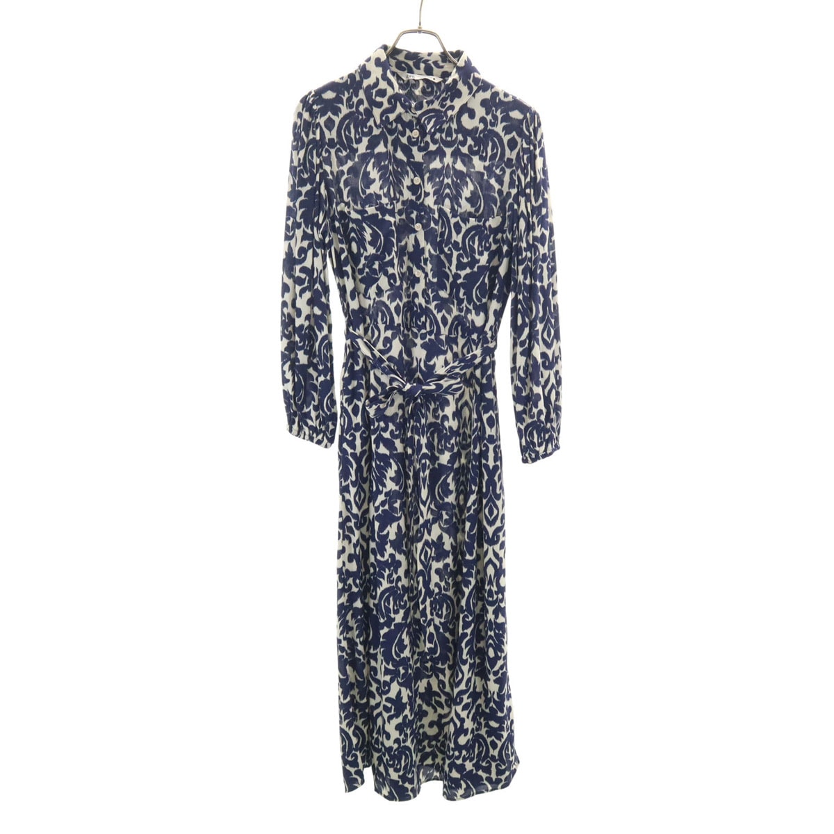 ZARA ザラ 総柄 長袖 プルオーバー シャツワンピース L ネイビー