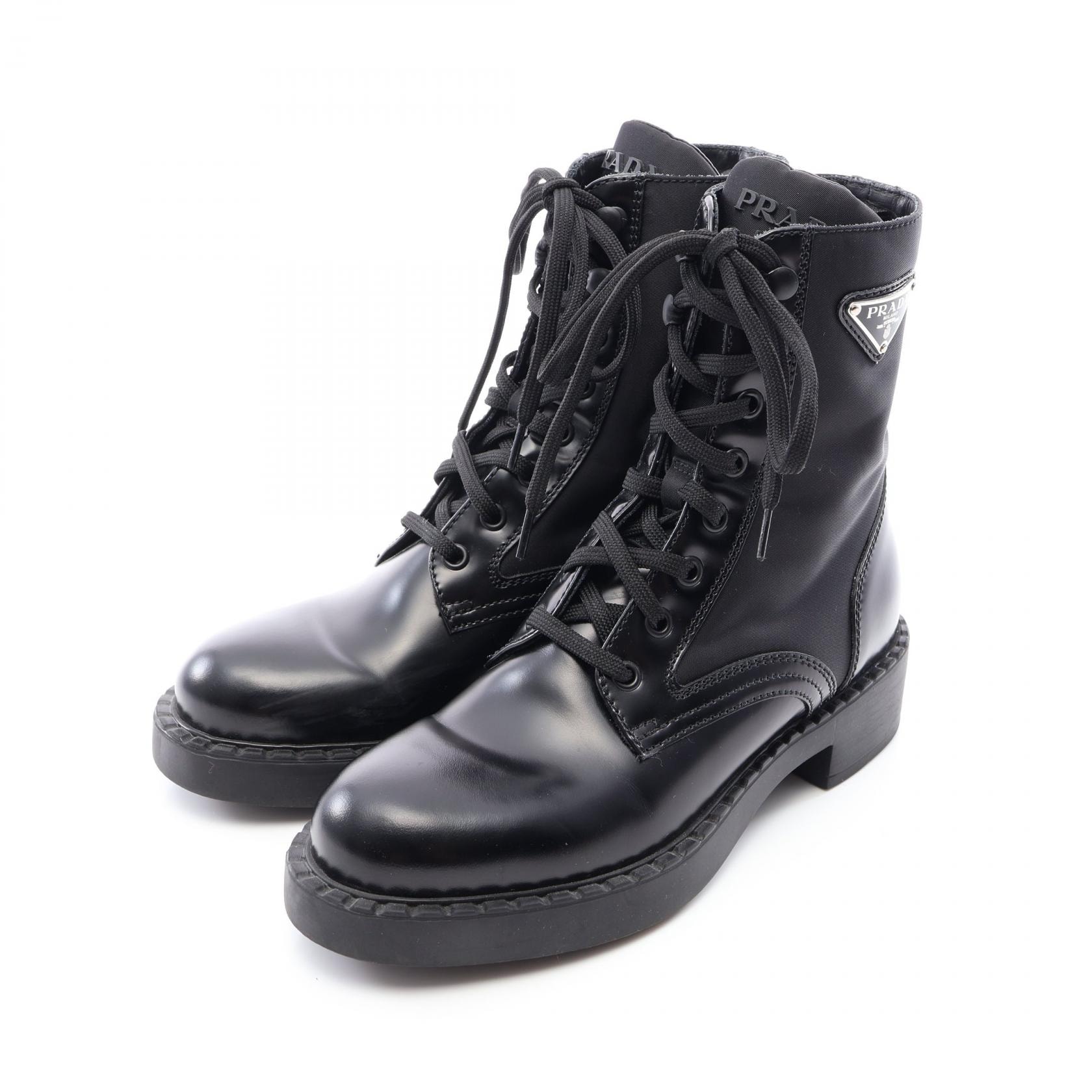 プラダ PRADA 三角プレート レースアップ ショート ブーツ 靴 レザー ナイロン レディース ブラック系 1T782M 【中古】