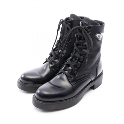 プラダ PRADA 三角プレート レースアップ ショート ブーツ 靴 レザー ナイロン レディース ブラック系 1T782M 【中古】