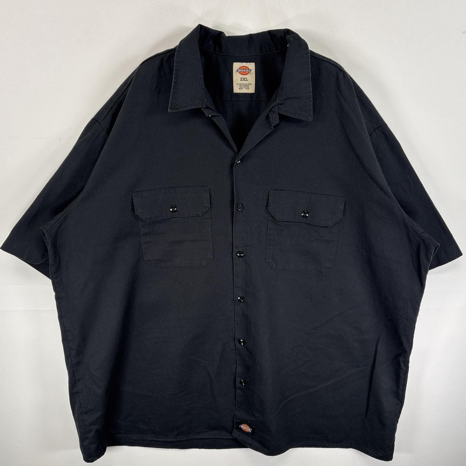 古着 ディッキーズ Dickies 半袖シャツ ワークシャツ フラップポケ ワンポイント ロゴ 2XL ブラック 無地 メンズ