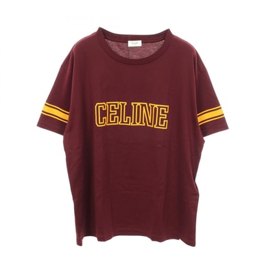 セリーヌ CELINE トリオンフ ロゴプリント クルーネック 半袖Tシャツ 衣料品 トップス コットン メンズ ボルドー系 / イエロー系 【中古】