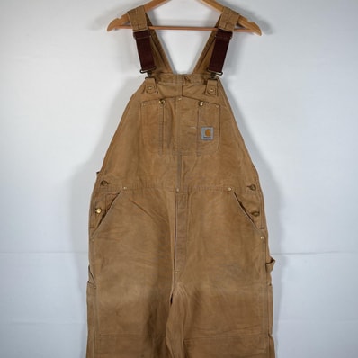古着 カーハート Carhartt USA製 オーバーオール ダック ワーク ワンポイントロゴ サイドポケット ダブルニー 大きいサイズ w44 L32 キャメル メンズ
