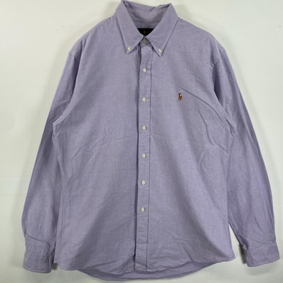 古着 ラルフローレン RALPH LAUREN 長袖シャツ ボタンダウン ロゴ刺繍 ワンポイント L パープル 無地 メンズ