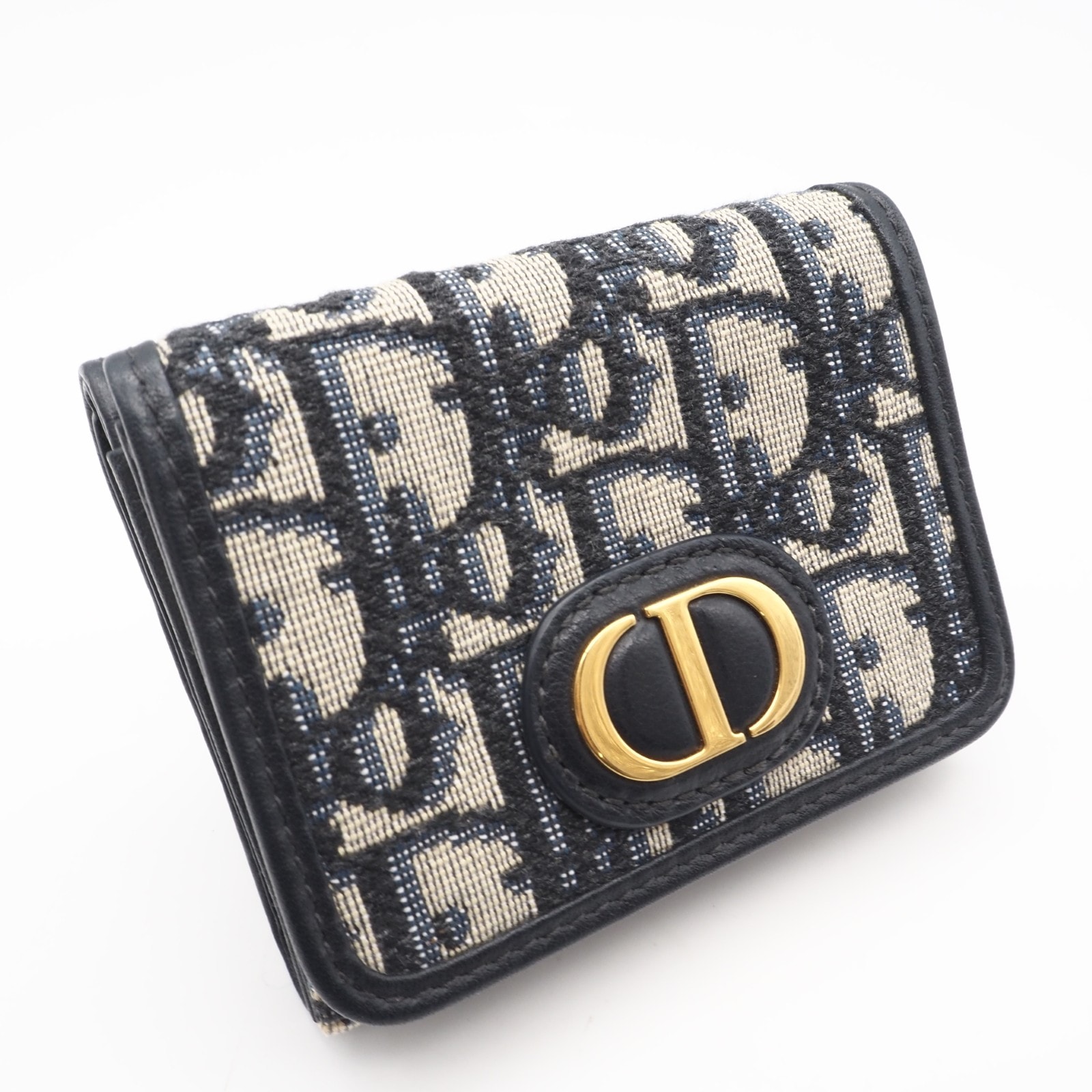 美品 Christian Dior クリスチャンディオール オブリーク ジャカード 30 モンテーニュ コンパクト ウォレット S2084UTZQ 三つ折り財布 ネイビー グレー キャンバス レディース