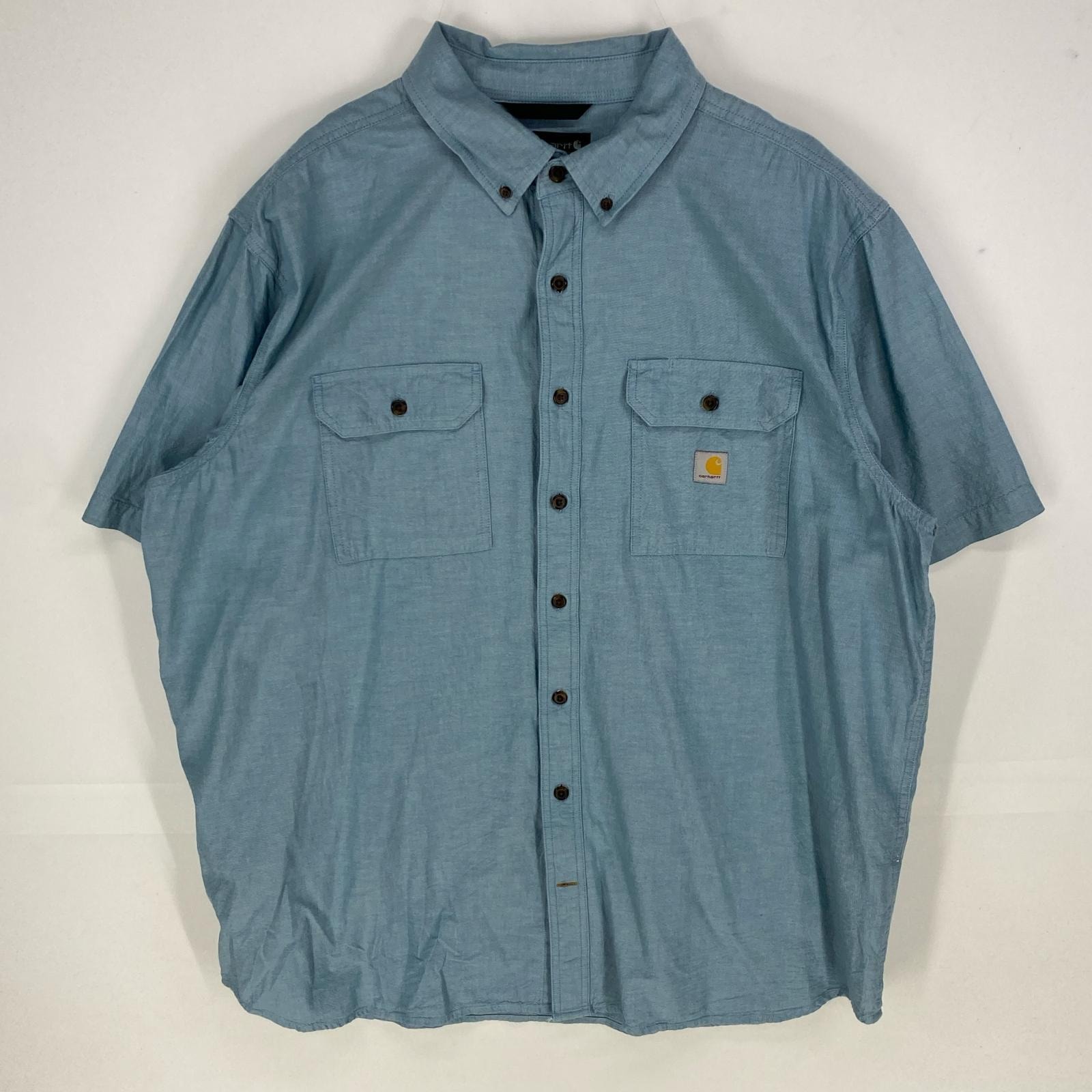 古着 カーハート Carhartt 半袖シャツ ボタンダウン ワーク ワンポイントロゴ ショートスリーブ 2XLT  ブルー系 メンズ