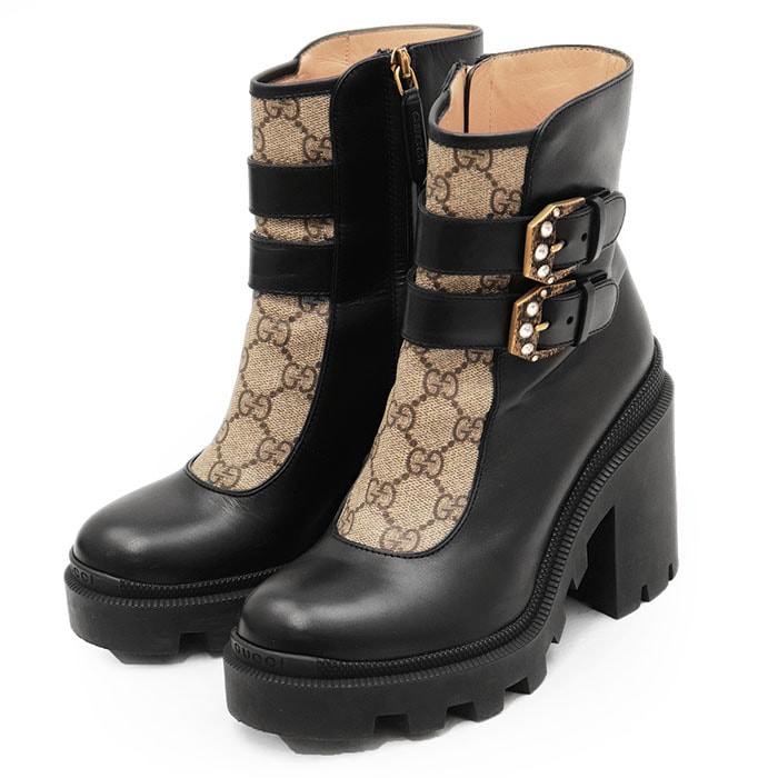 GUCCI グッチ ショートブーツ サイズ 35 1/2 レディース GGスプリーム サイドジップ ダブルバックル ビジュー プラットフォーム レザーシューズ 靴 保存袋付属 ブラック 黒 イタリア製