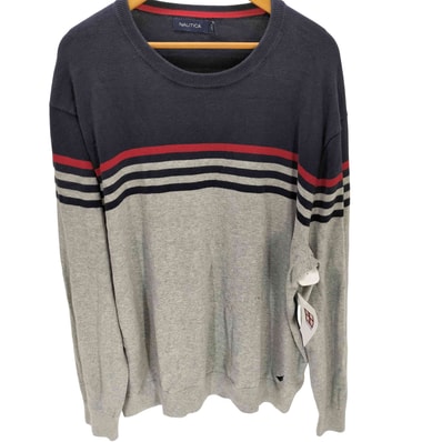 バイカラー ライン コットン ニット セーター 裾ロゴ 刺繍 ビッグサイズ【1138843633020】