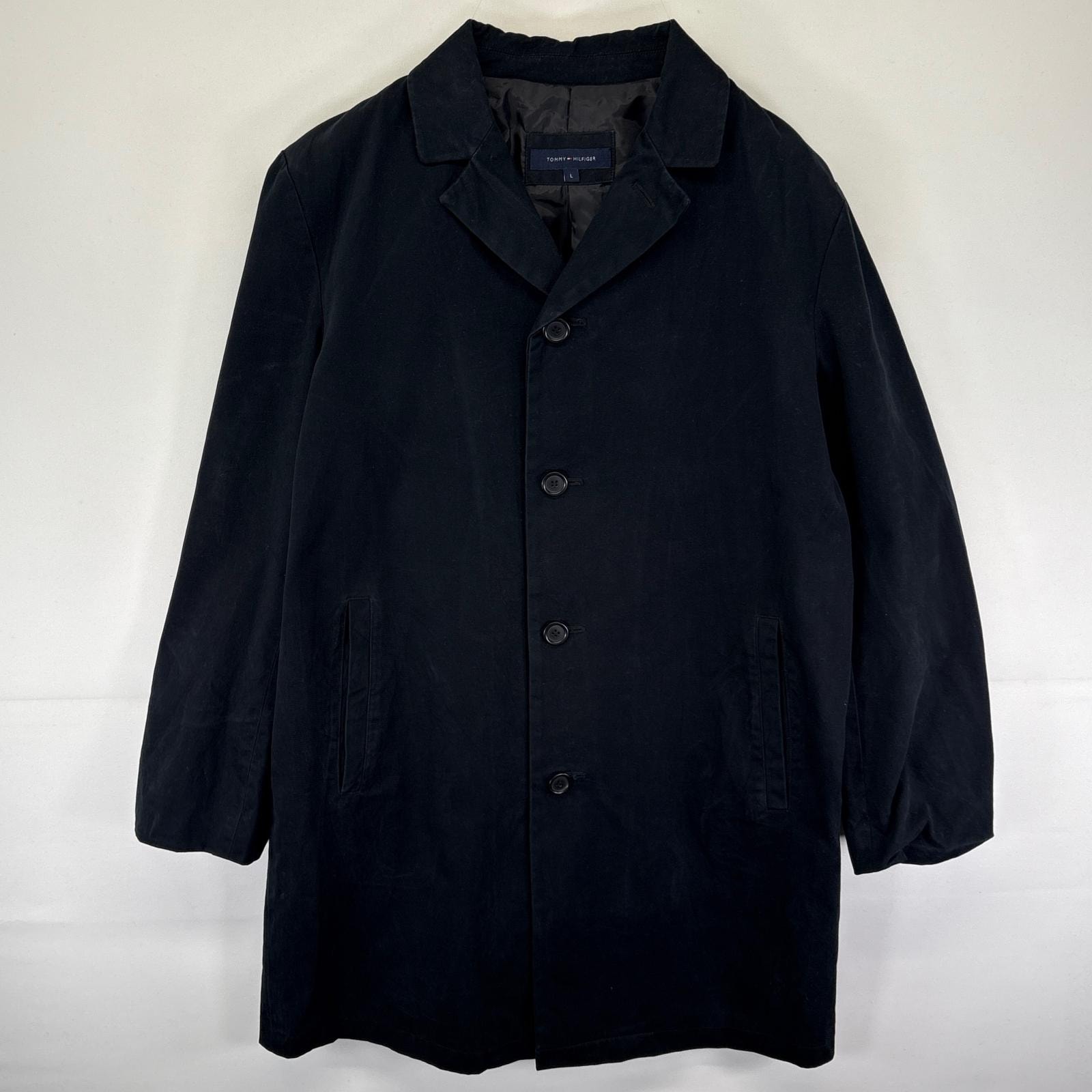 古着 トミーヒルフィガー TOMMY HILFIGER ステンカラーコート ロング丈ジャケット ボタン コート L  ブラック 無地 メンズ