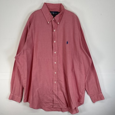 古着 ラルフローレン RALPH LAUREN 長袖シャツ ロゴ 刺繍 千鳥格子 ボタンダウン L レッド系 チェック メンズ
