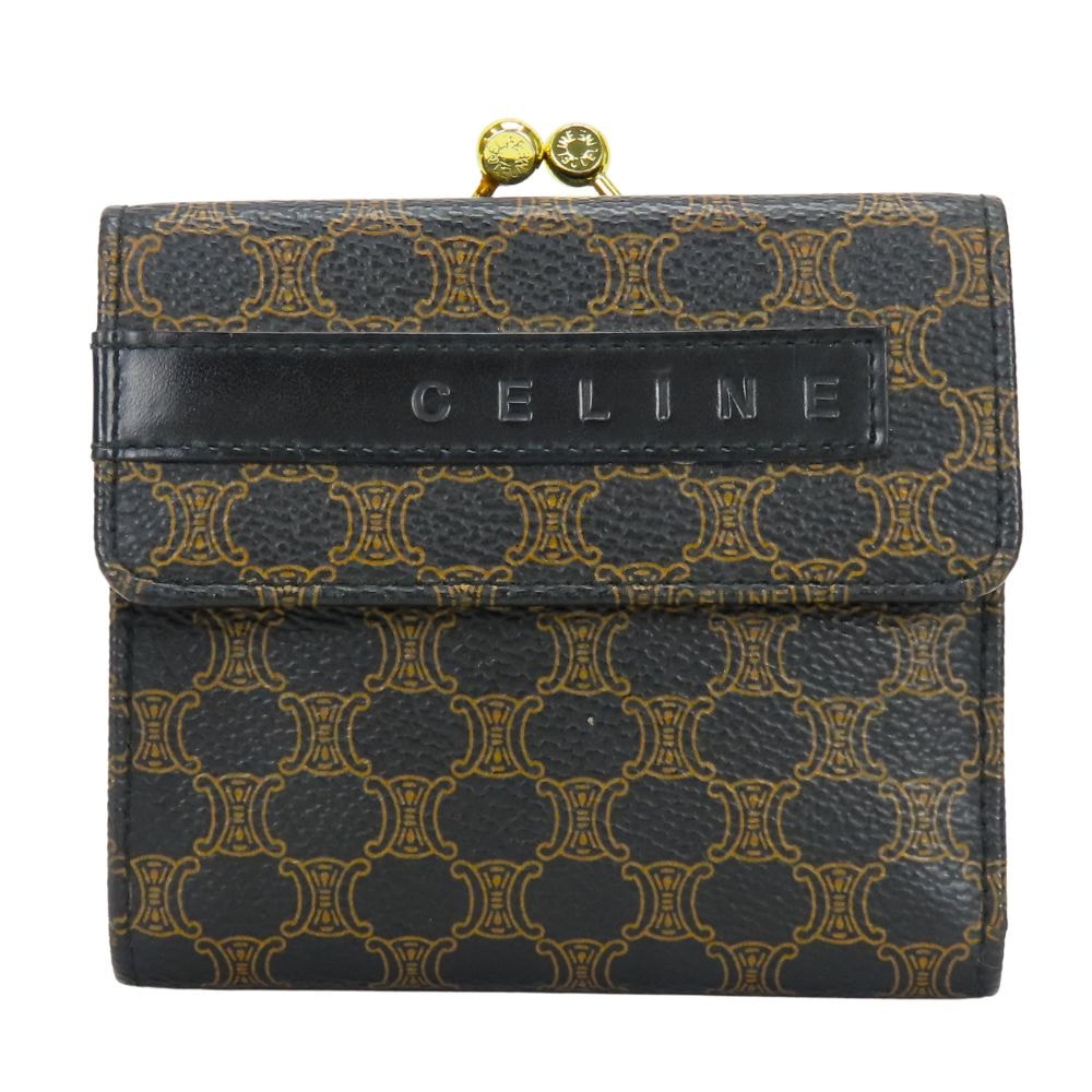 【中古】 セリーヌ 三つ折り財布 マカダム PVC レザー ブラウン ブラック がま口 コンパクトウォレット 小物 レディース 女性 CELINE