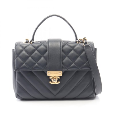 シャネル CHANEL マトラッセ Vステッチ トップハンドル 2WAY ショルダーバッグ バッグ レザー レディース ネイビー系 【中古】