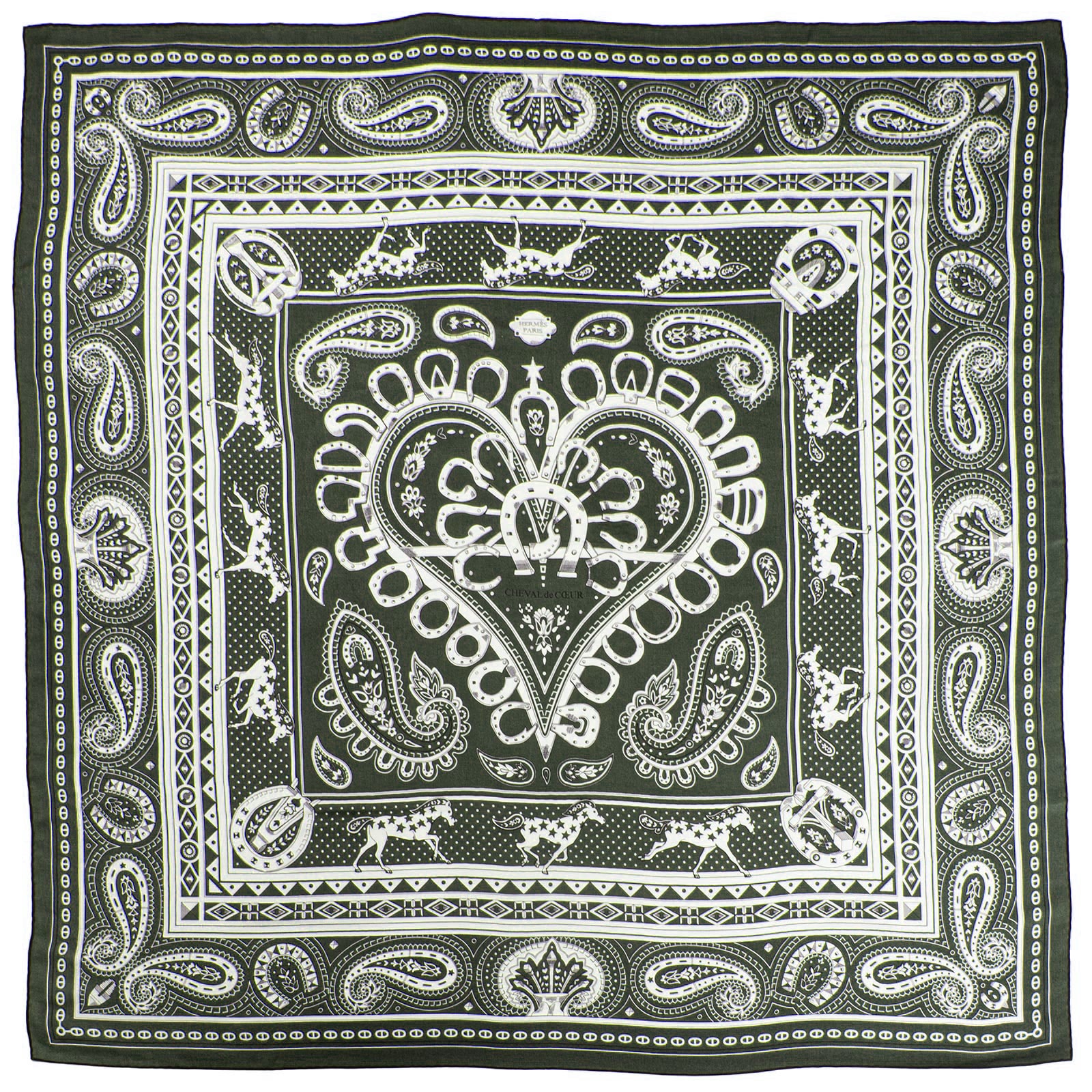 HERMES エルメス スカーフ カレ140 カレジェアン Cheval de Coeur Bandana シュバル ドゥ クール バンダナ 244259S 02 カシシル ストール ショール カシミヤ シルク グリーン ホワイト【中古】