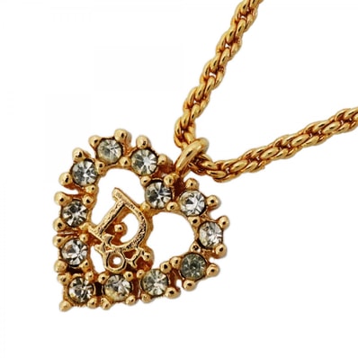 【6jdb0336-k】クリスチャンディオール ネックレス ディオールロゴ ハートモチーフ GPメッキ ラインストーン ゴールド【中古】レディース