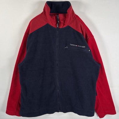 古着 90's/90年代 トミーヒルフィガー TOMMY HILFIGER フリースジャケット ワンポイント刺繍 フルジップ L レッド ネイビー メンズ