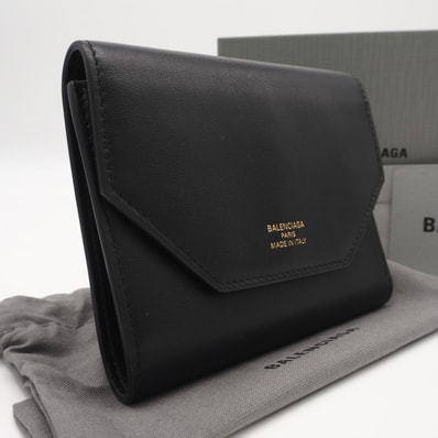 美品 BALENCIAGA バレンシアガ スムースカーフレザー ENVELOPE ZIPミニウォレット 781575 三つ折り財布 ブラック カーフレザー メンズ