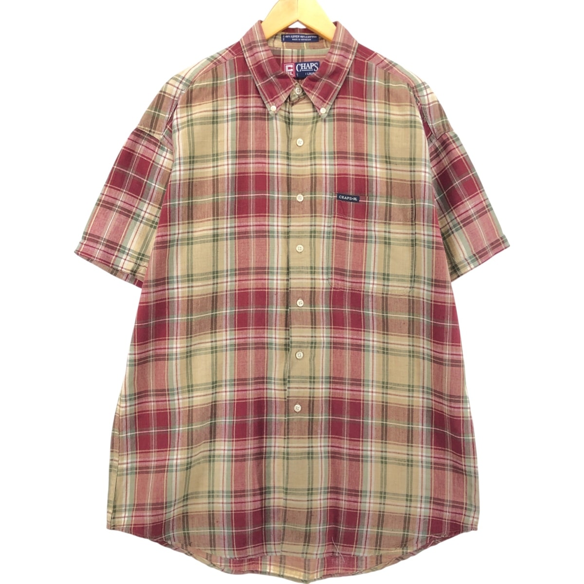 古着 90年代 ラルフローレン Ralph Lauren CHAPS チャップス チェック柄 半袖 リネン ボタンダウンシャツ メンズL相当 ヴィンテージ/eaa539144
