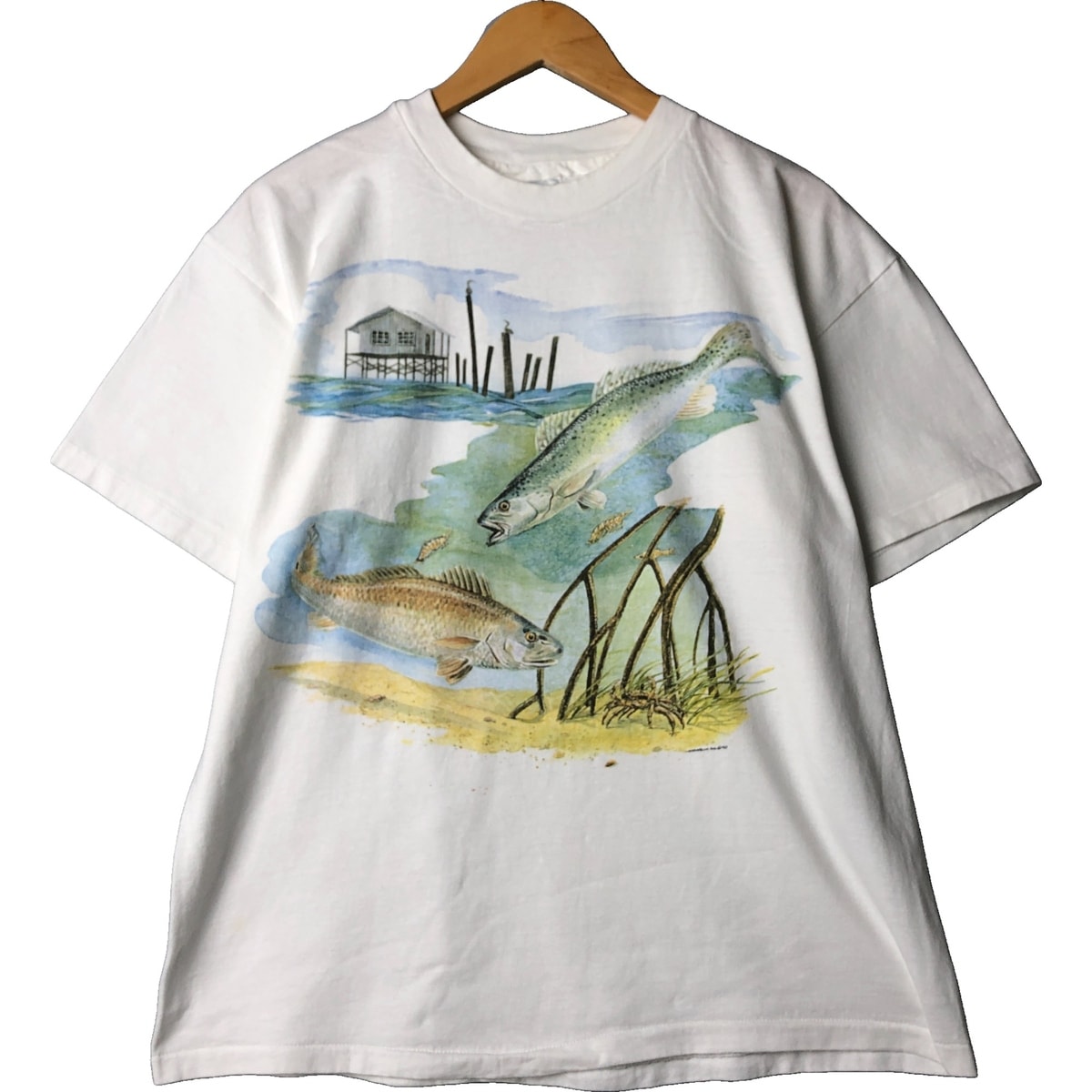 古着 90年代 ヘインズ Hanes BEEFY-T 青タグ 魚柄 アニマルTシャツ USA製 メンズXL相当 ヴィンテージ/eaa563671