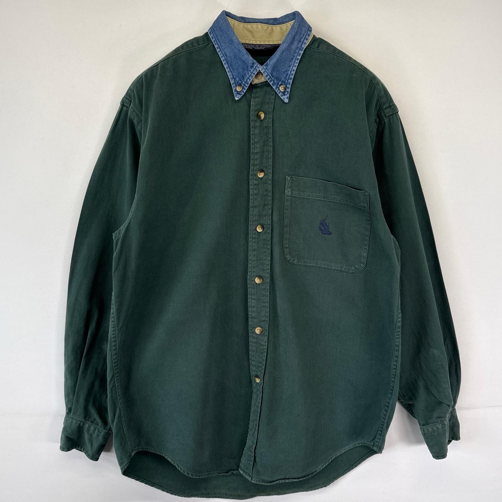 古着 90's/90年代 ノーティカ NAUTICA 長袖シャツ ボタンダウン デニム ワンポイントロゴ S グリーン メンズ