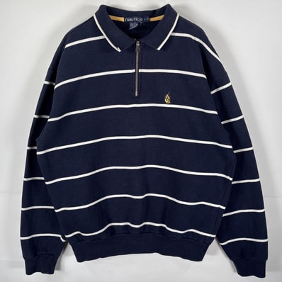 古着 90's/90年代 ノーティカ NAUTICA スウェット ハーフジップ ワンポイント刺繍ロゴ L ネイビー ボーダー メンズ