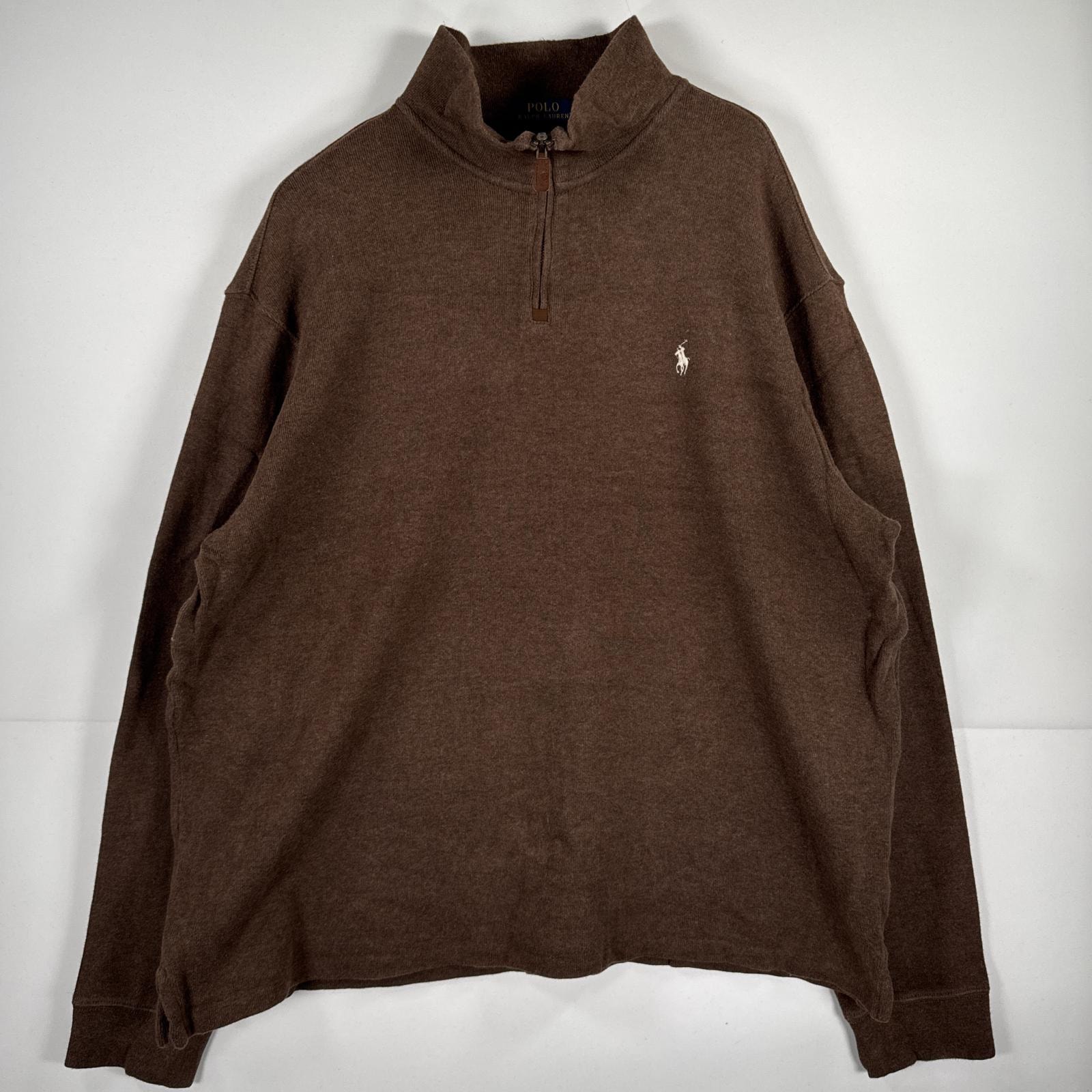 古着 ポロ・ラルフローレン POLO RALPH LAUREN 長袖 ニット ハーフジップ トレーナー ワンポイント 大きいサイズ 14041  ブラウン 無地 メンズ
