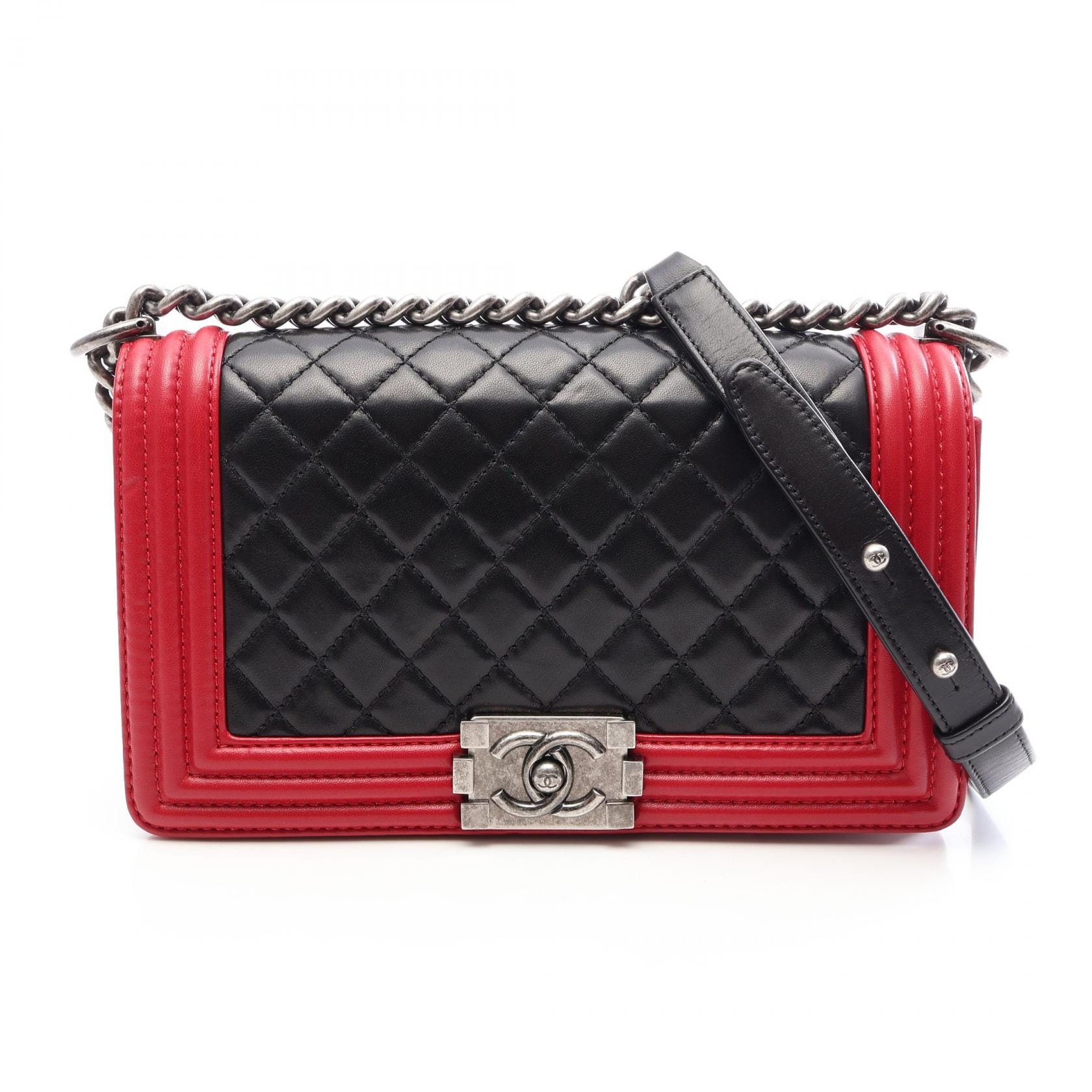 シャネル CHANEL ボーイシャネル アンティークシルバー金具 ショルダーバッグ バッグ ラムスキン(羊革) レディース ブラック系 / レッド系 【中古】