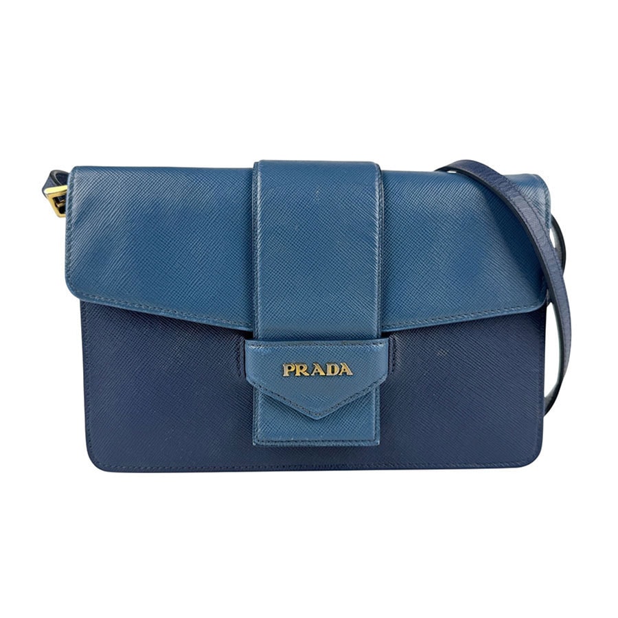 プラダ PRADA 斜め掛けショルダーバッグ ショルダーウォレット レザー ブルー/ネイビー ゴールド レディース【中古】 z6722