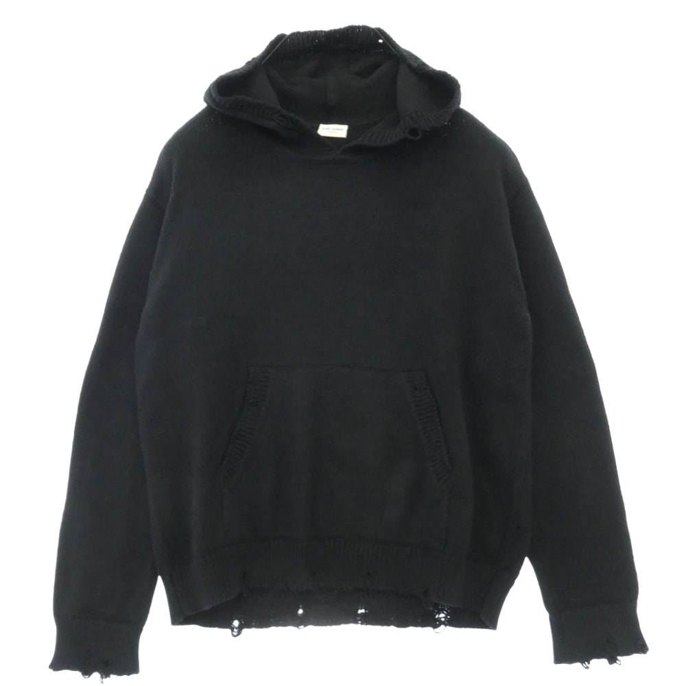 SAINT LAURENT サンローラン 712150 YALO2 ダメージ加工 デストロイ ニット プルオーバー フーディー パーカー ブラック系 XL【中古】