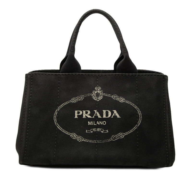 プラダ 三角ロゴプレート カナパ ミディアム ハンドバッグ トートバッグ ブラック キャンバス レディース PRADA 【中古】
