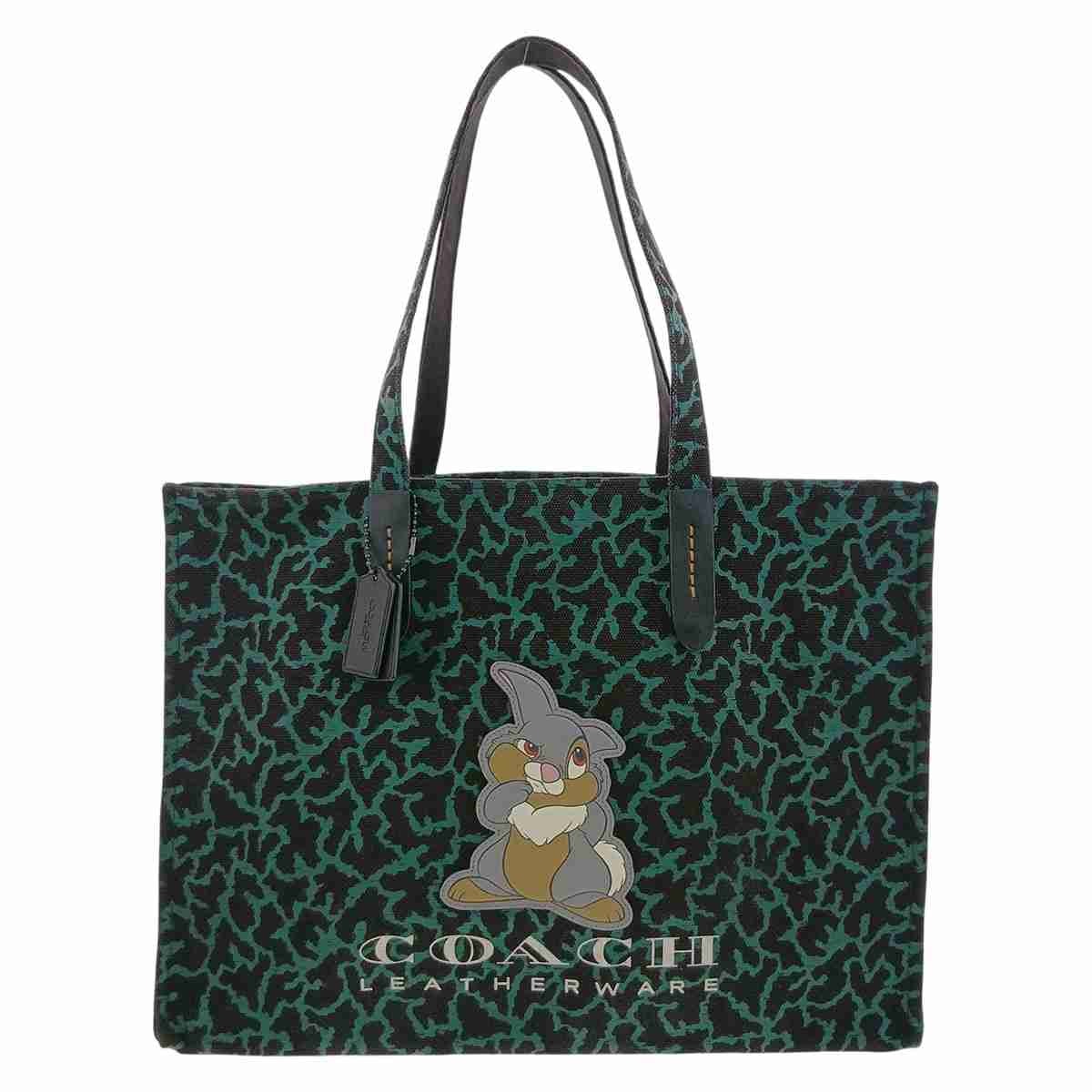 COACH コーチ ディズニー コラボ とんすけ バンビ キャンバス トートバッグ 69309 キャンバス ブラック グリーン  レディース【中古】