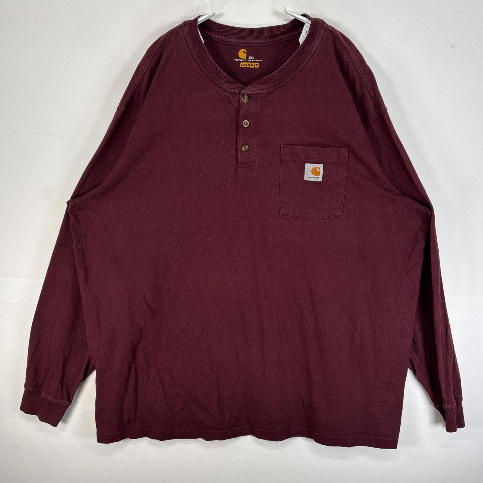 古着 カーハート Carhartt 長袖Tシャツ ヘンリーネック 大きいサイズ 肉厚 胸ポケ ワンポイント ロゴ 2XL  ワインレッド 無地 メンズ