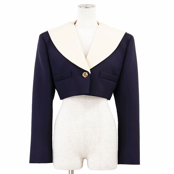 【美品】Miu Miu ミュウ・ミュウ ジャケット セーラーカラー レディース サイズ 40 2022年製 クロップ ショート テーラード メタルボタン バイカラー ストレッチウール アウターネイビー アイボリー 紺 イタリア製