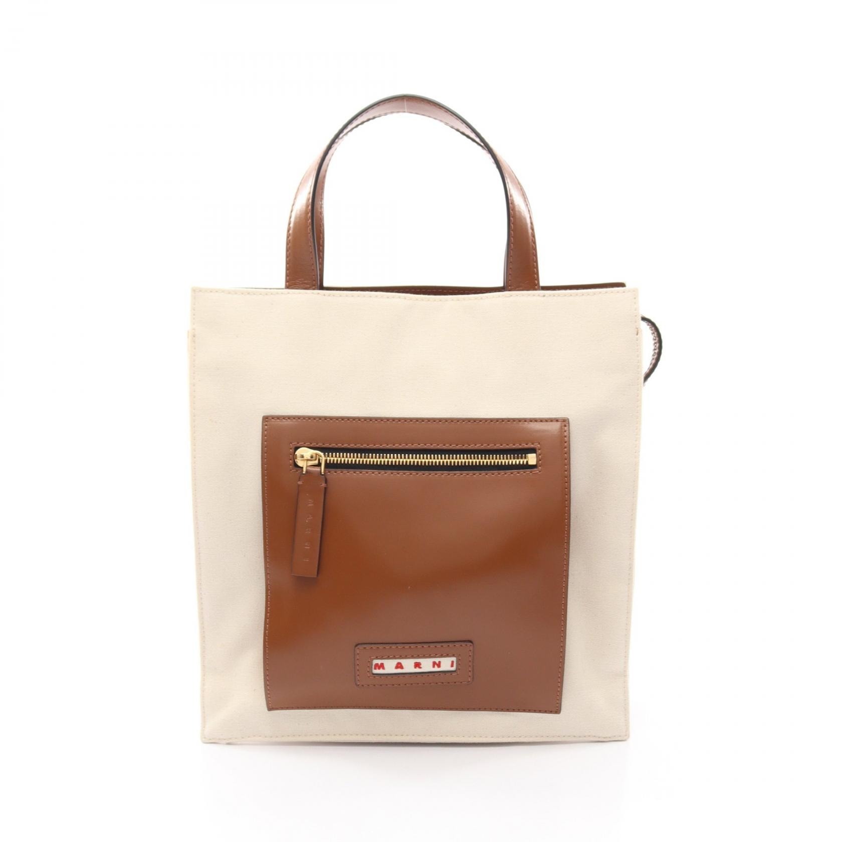 マルニ MARNI SMALL ZIPPED TOTE トートバッグ バッグ キャンバス レザー レディース ホワイト系 / ブラウン系 SHMP006800 【中古】