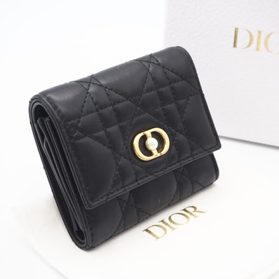 美品 Dior ディオール ラムスキン Dior Jolie Hibiscus ウォレット S3105UNJB 三つ折り財布 ブラック レザー レディース